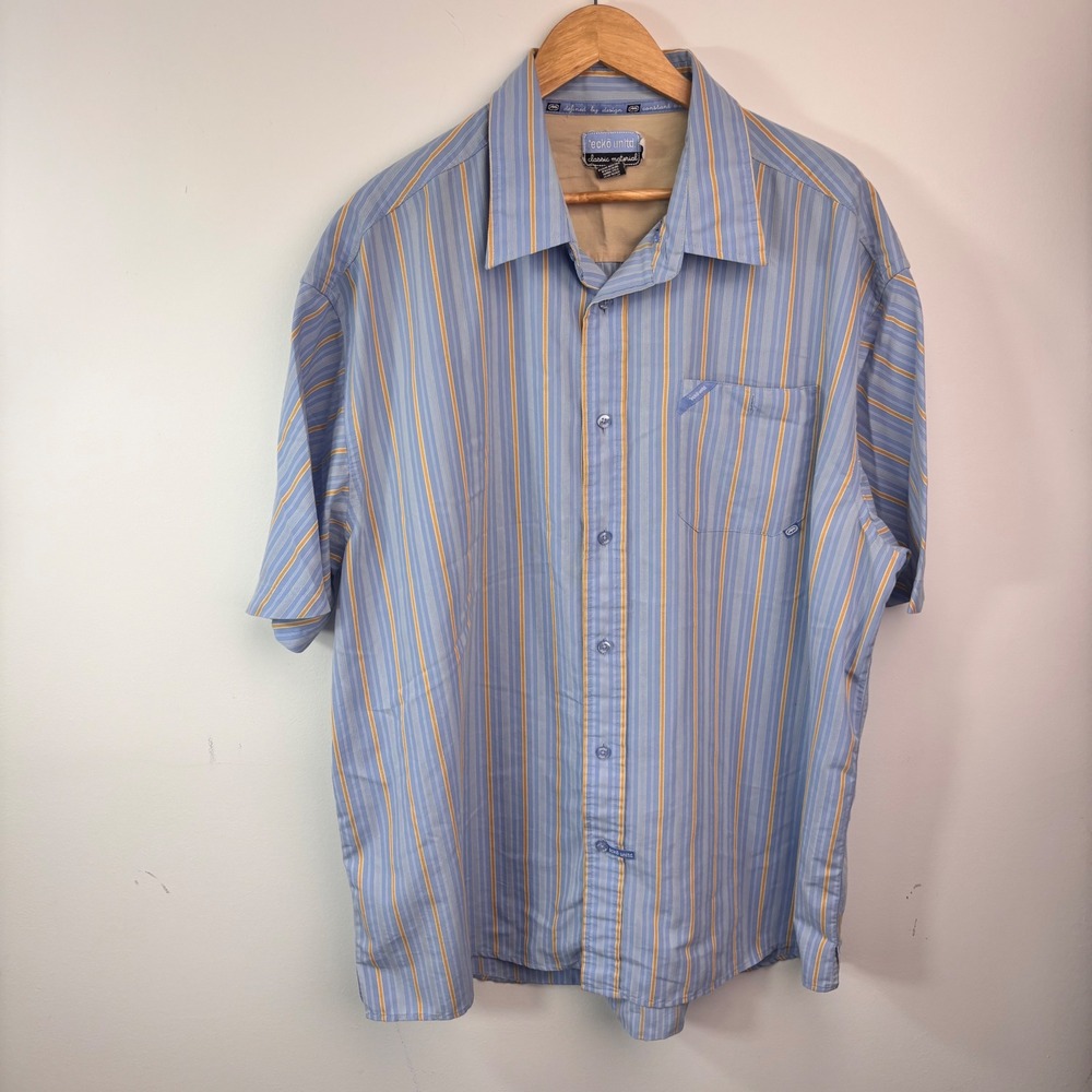 Y2K Ecko Unltd XXL Striped Button Up Shirt Blue Orange Skate Streetwear